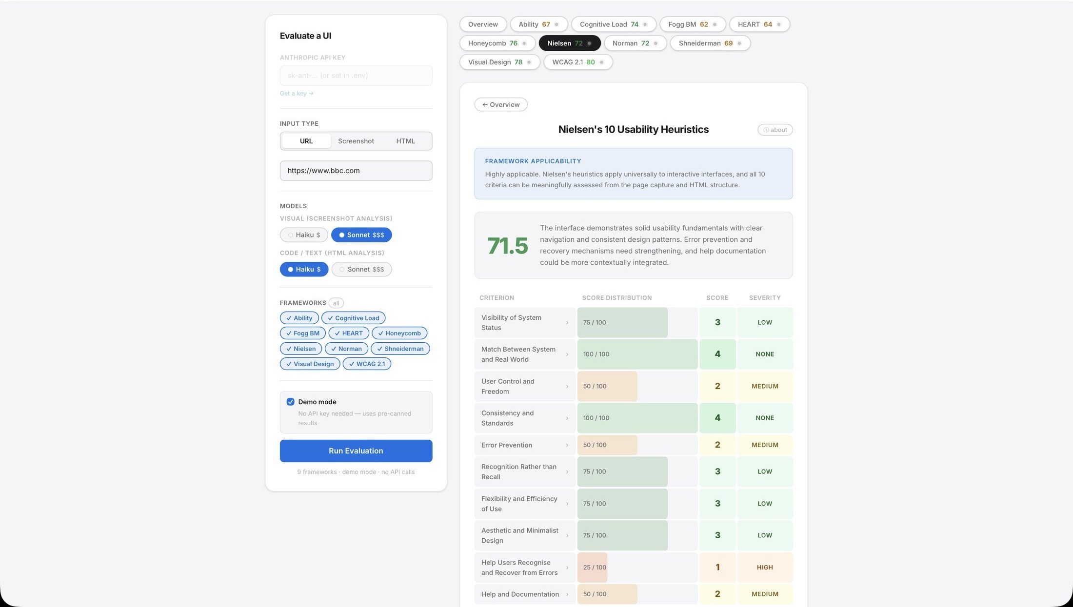 Iris Nielsen usability heuristics detail view with criterion-level severity rows